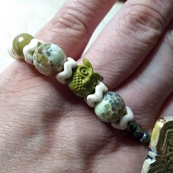 3 Wise Owls! Owl Bracelet! Easy Close Button Closure! Fire Agates + Stone Beads - Picture 2 of 12